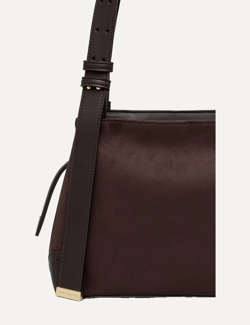 Women's Armani Exchange dark brown faux suede shoulder bag with adjustable double straps, gold-tone logo and structured base back