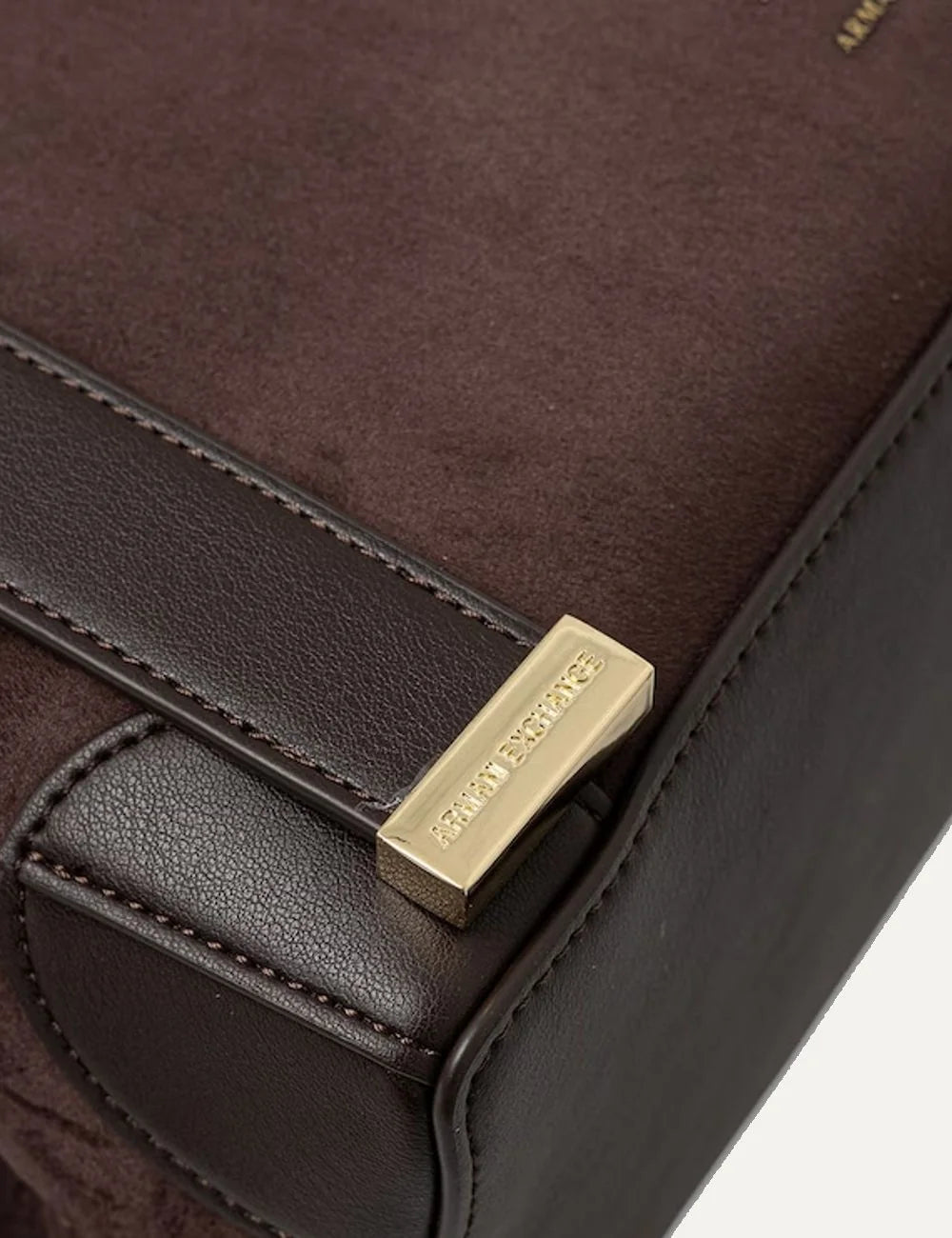 Women's Armani Exchange dark brown faux suede shoulder bag with adjustable double straps, gold-tone logo and structured base detail