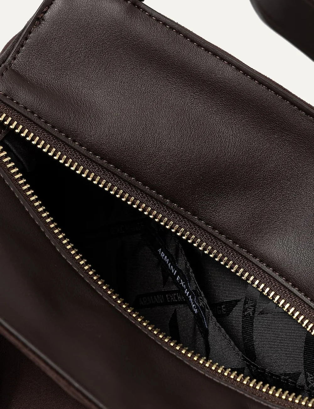 Women's Armani Exchange dark brown faux suede shoulder bag with adjustable double straps, gold-tone logo and structured base top