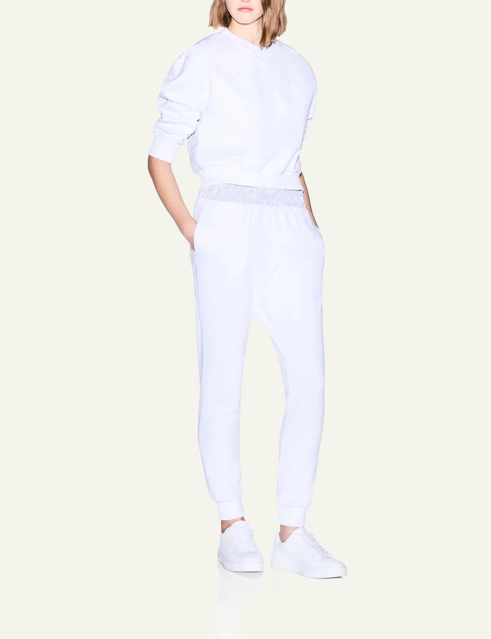 armani exchange white scuba jogger pants AX logo front full body view