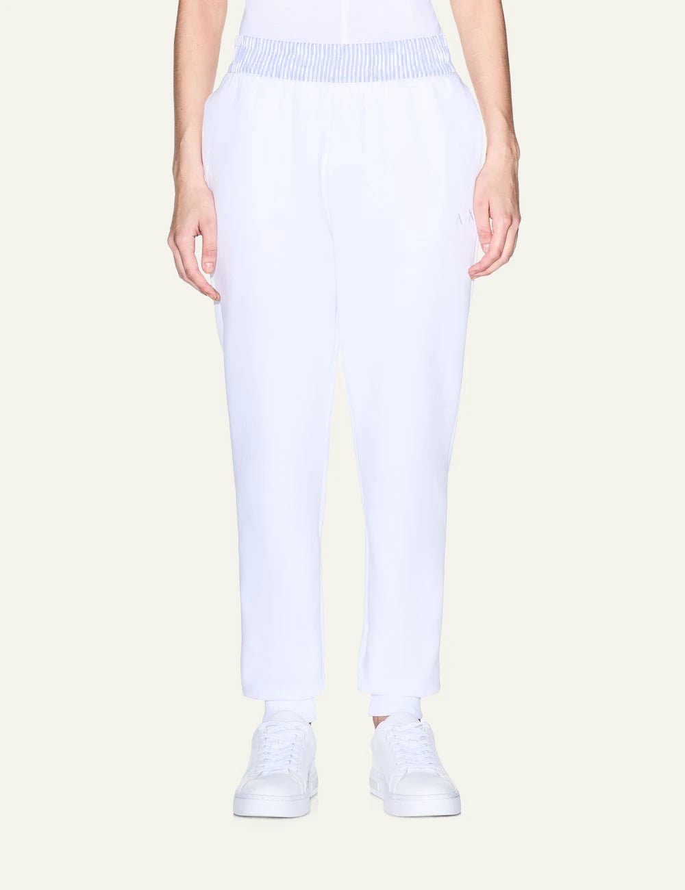 armani exchange white scuba jogger pants AX logo front detail view