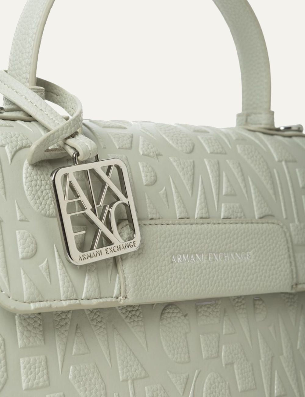 armani exchange white embossed logo handbag silver ax charm front view