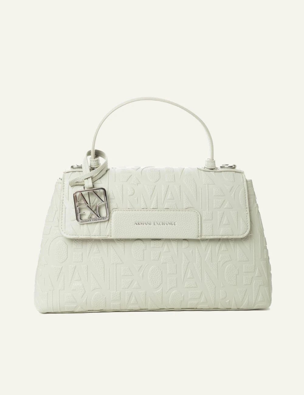 armani exchange white embossed logo handbag silver ax charm front view