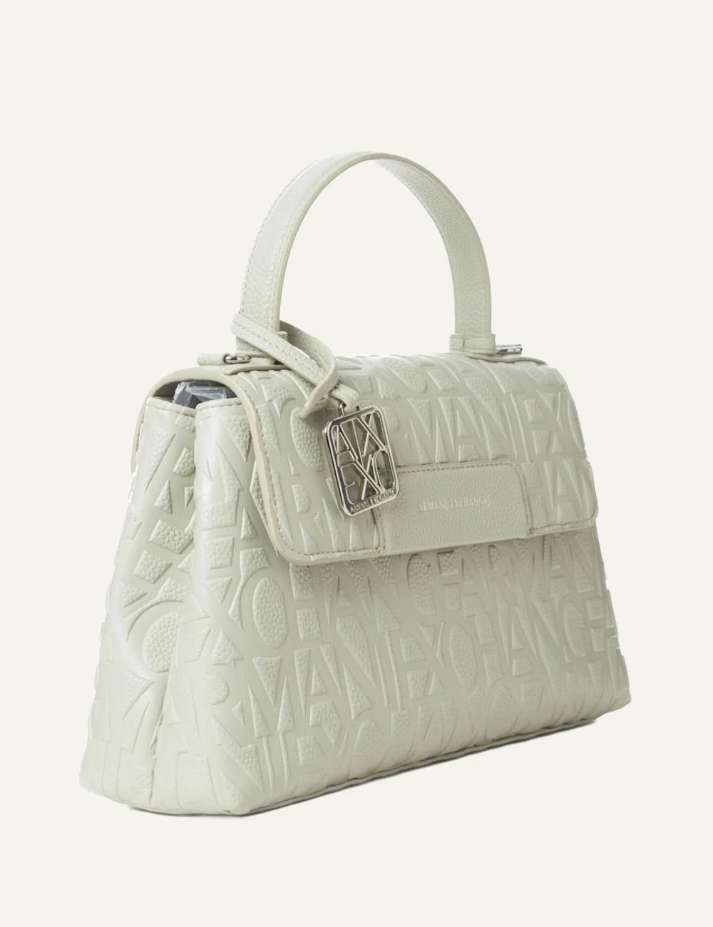 armani exchange white embossed logo handbag silver ax charm side view