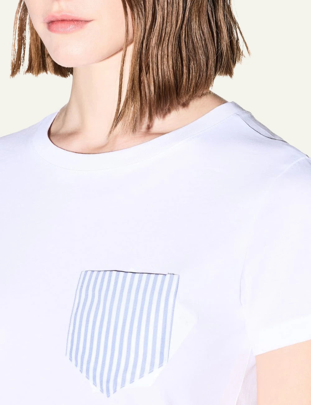 armani exchange white t-shirt striped pocket front detail view