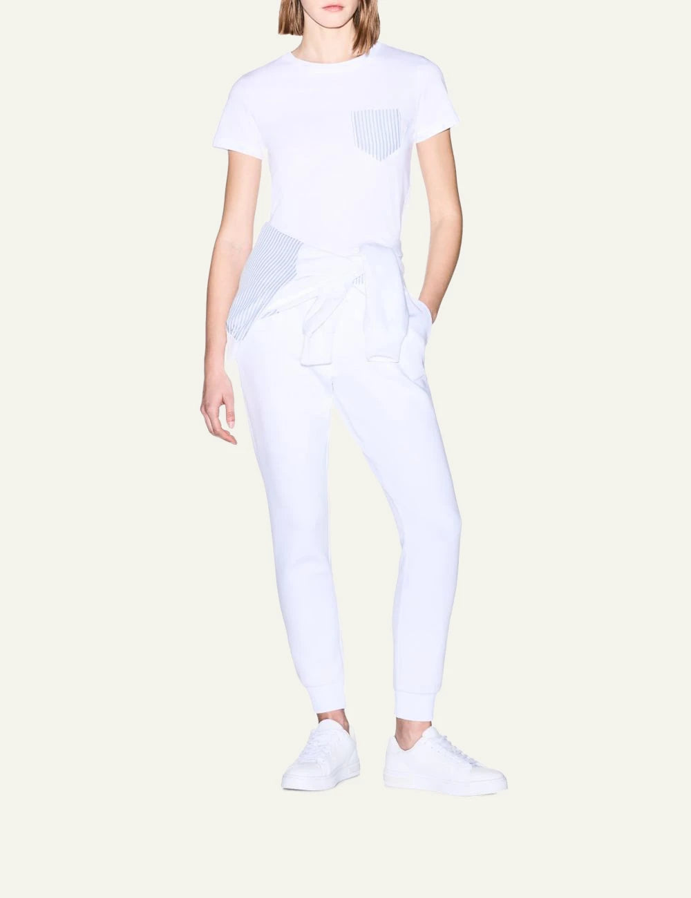 armani exchange white t-shirt striped pocket front full body view