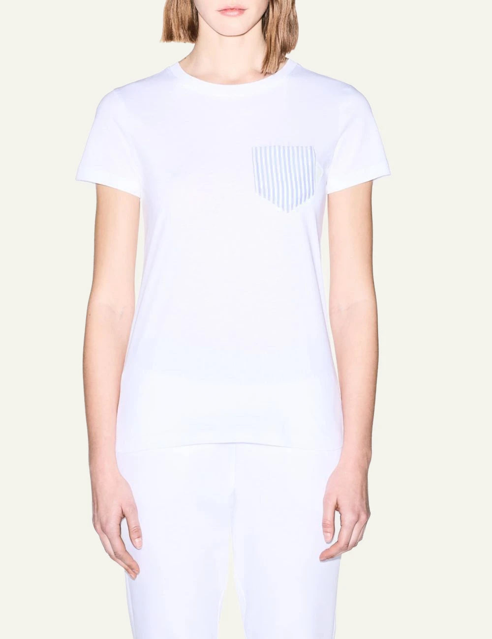 armani exchange white t-shirt striped pocket front model view