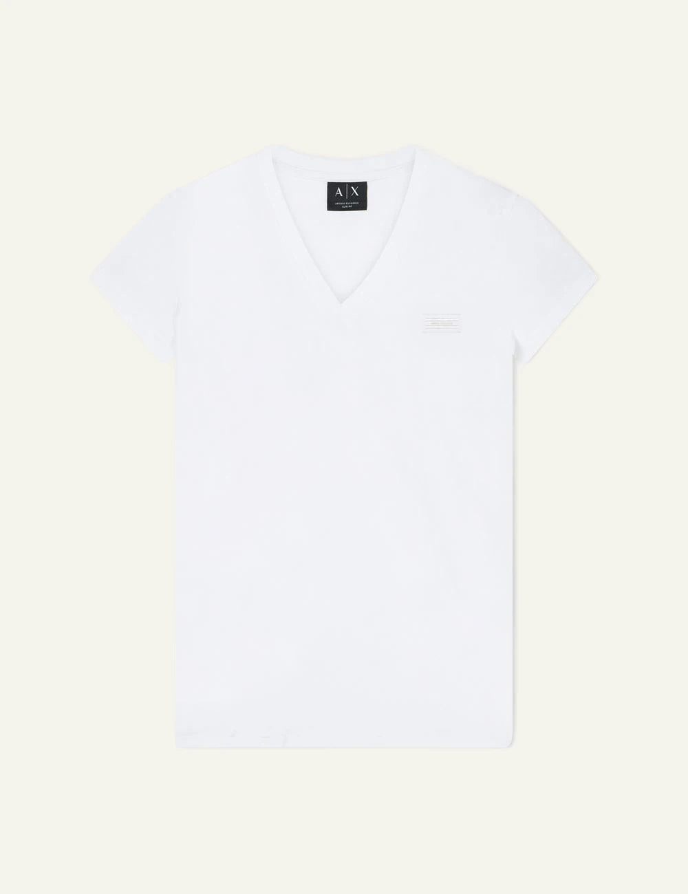 Armani Exchange white v-neck t-shirt minimal logo front flat view