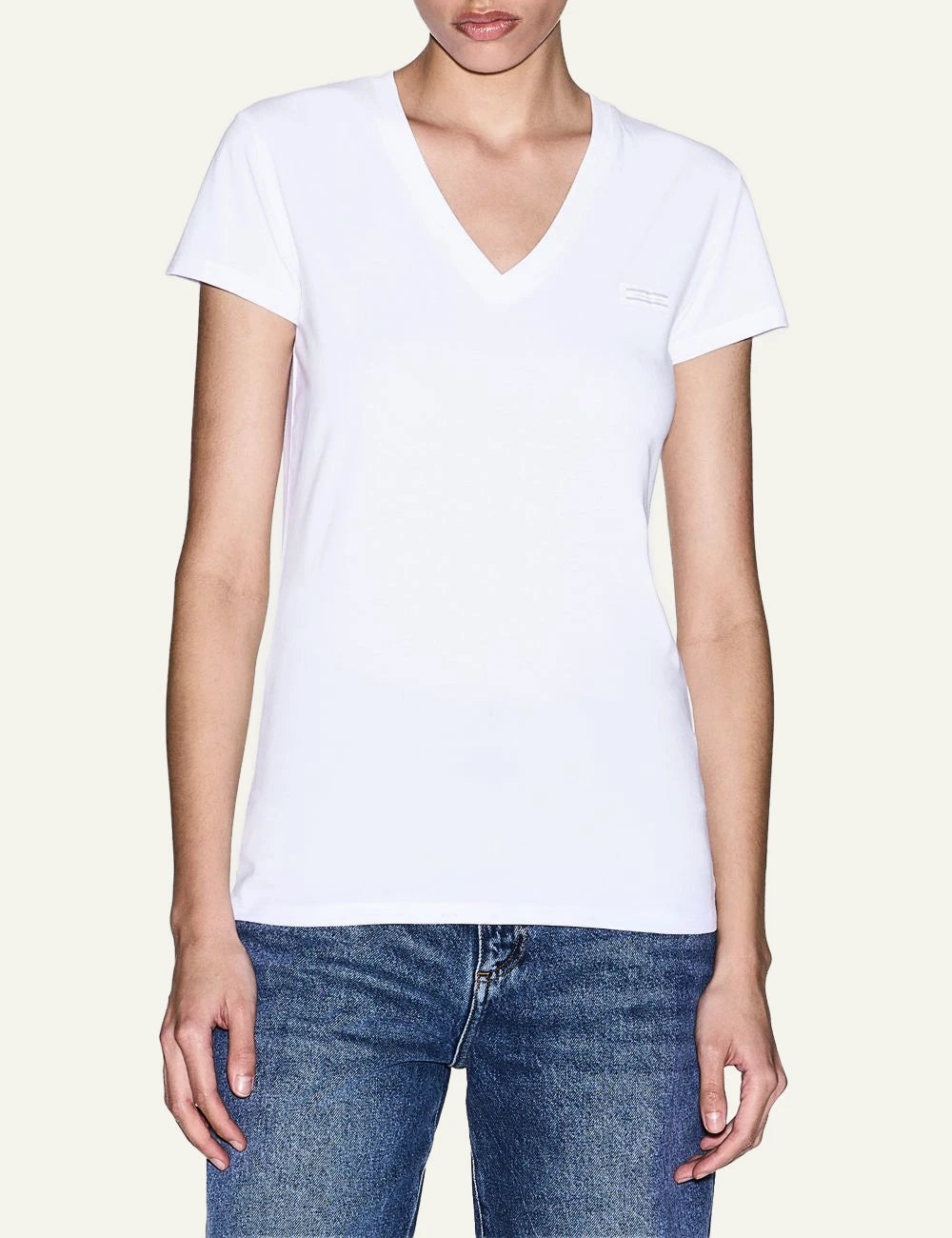 Armani Exchange white v-neck t-shirt minimal logo front model view
