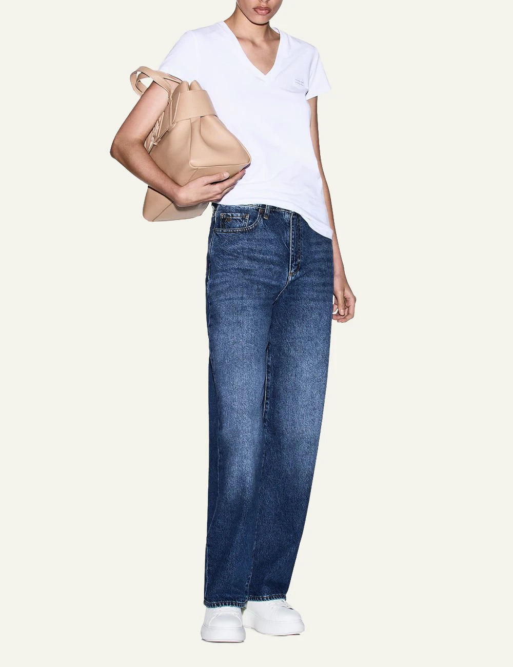 Armani Exchange white v-neck t-shirt minimal logo front full body view