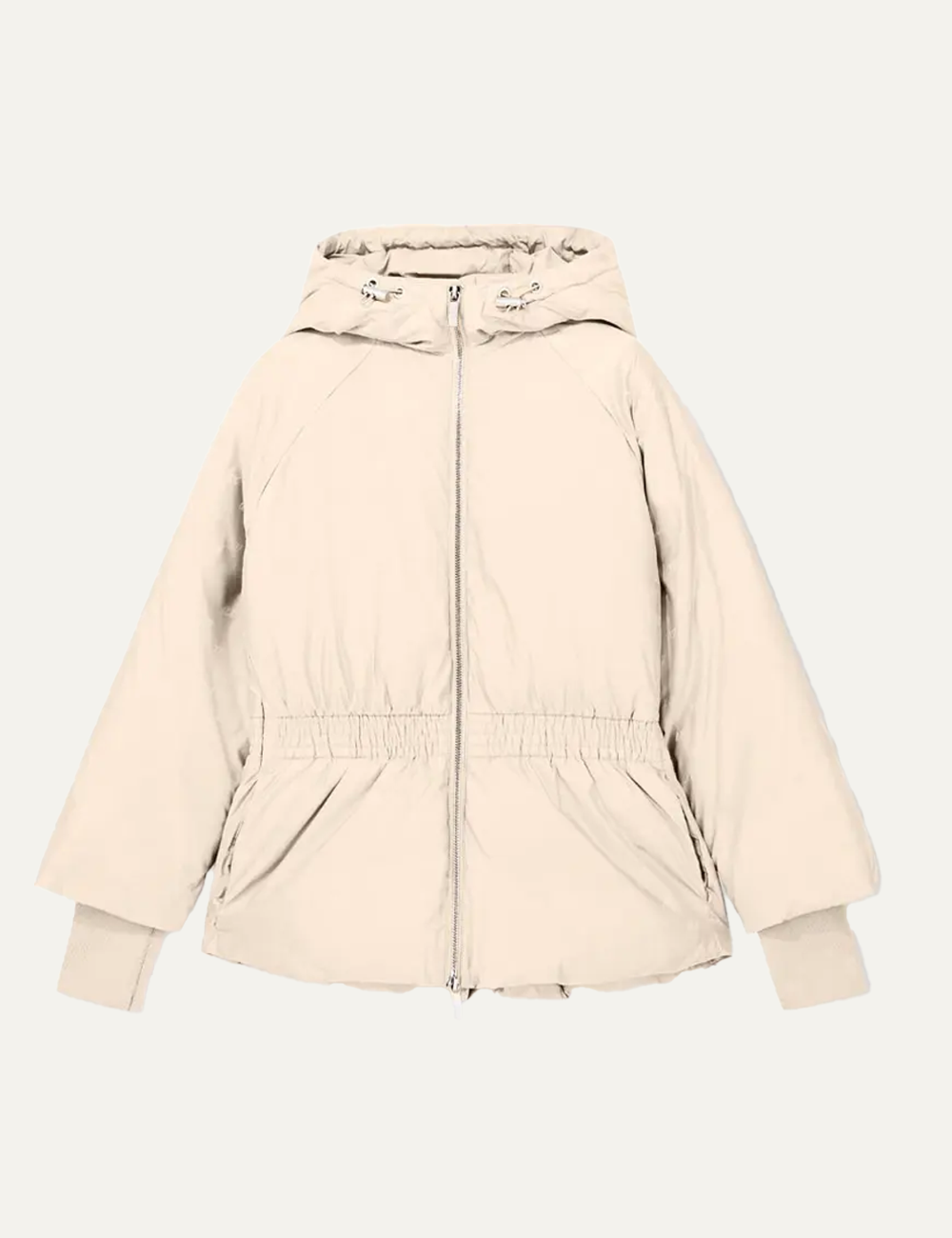Armani Exchange women's beige hooded puffer jacket with zip fastening, elasticated waist and ribbed inner cuffs.