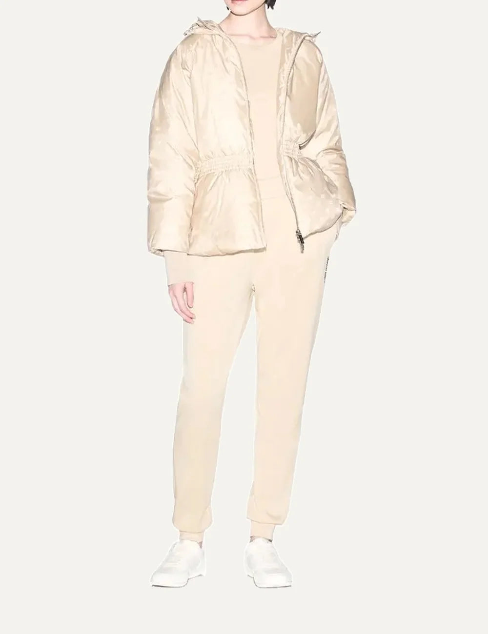Armani Exchange women's beige hooded puffer jacket with zip fastening, elasticated waist and ribbed inner cuffs full body