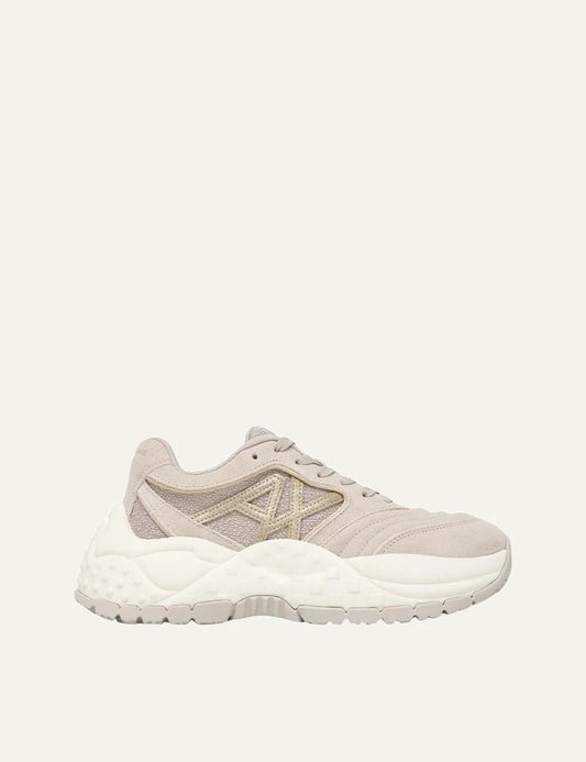 Women's Armani Exchange beige sneakers with suede and textile upper, pale gold A|X logo, lace-up closure and chunky platform sole