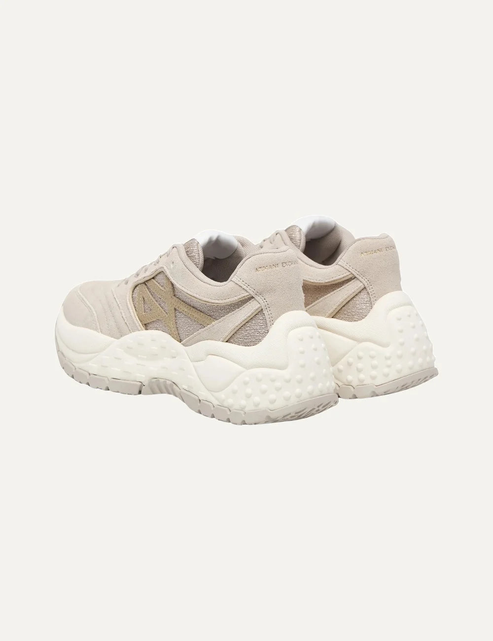 Women's Armani Exchange beige sneakers with suede and textile upper, pale gold A|X logo, lace-up closure and chunky platform sole back