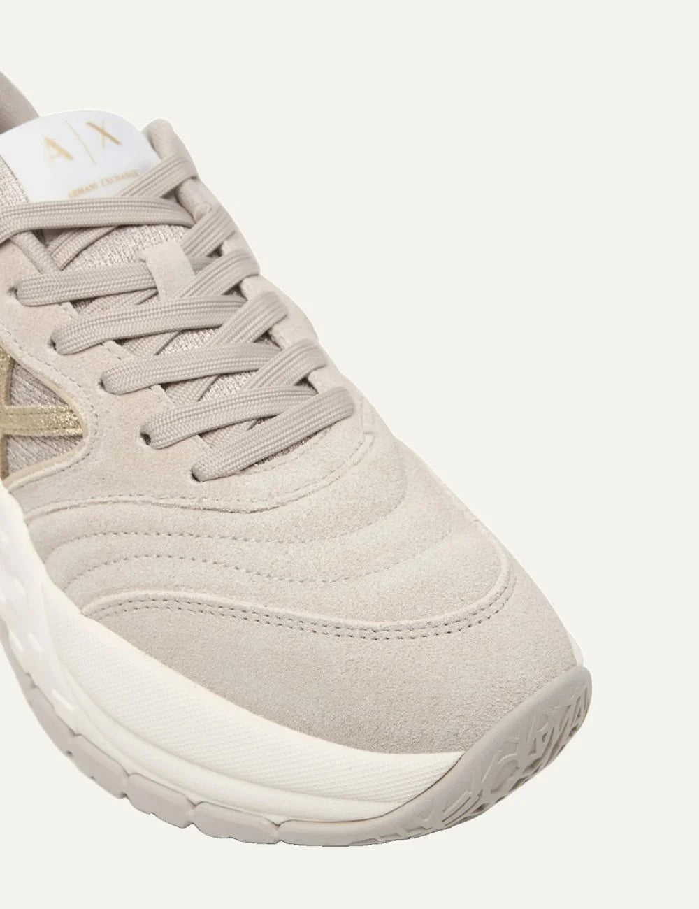 Women's Armani Exchange beige sneakers with suede and textile upper, pale gold A|X logo, lace-up closure and chunky platform sole front