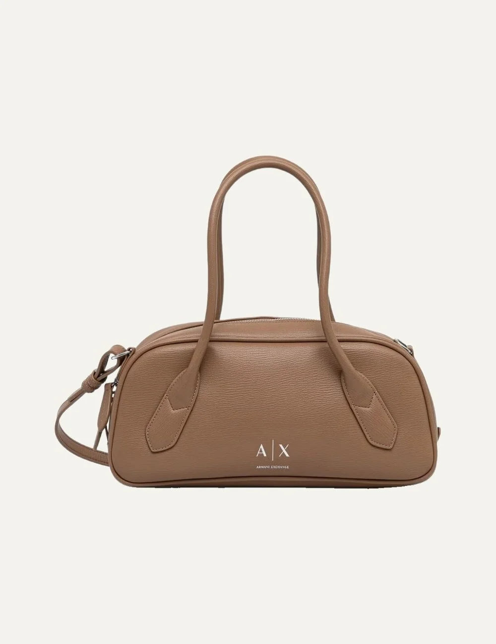 Women's Armani Exchange beige pebbled bag with long top handles, detachable shoulder strap, silver-tone logo and zip closure