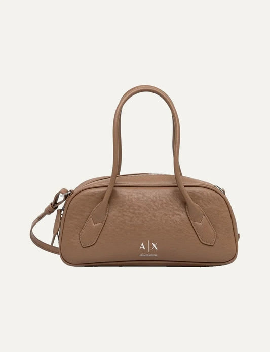 Women's Armani Exchange beige pebbled bag with long top handles, detachable shoulder strap, silver-tone logo and zip closure