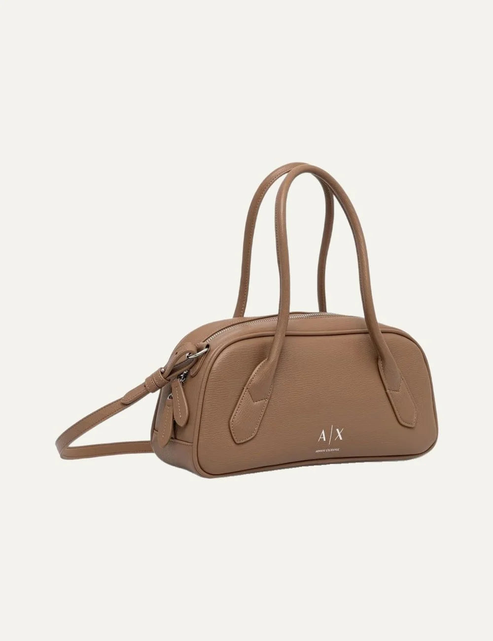 Women's Armani Exchange beige pebbled bag with long top handles, detachable shoulder strap, silver-tone logo and zip closure side