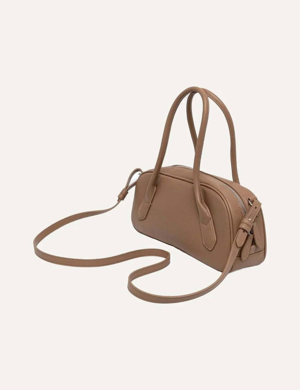 Women's Armani Exchange beige pebbled bag with long top handles, detachable shoulder strap, silver-tone logo and zip closure back