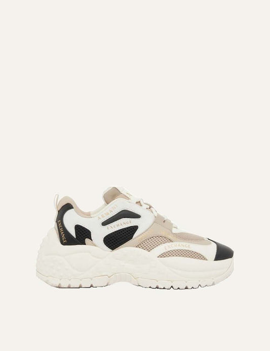 Armani Exchange women's beige chunky sneakers with white and black panels, mesh details, lace-up fastening and thick sculpted sole.