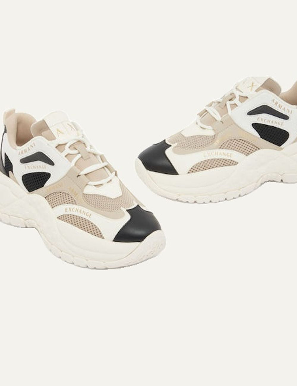 Armani Exchange women's beige chunky sneakers with white and black panels, mesh details, lace-up fastening and thick sculpted sole top