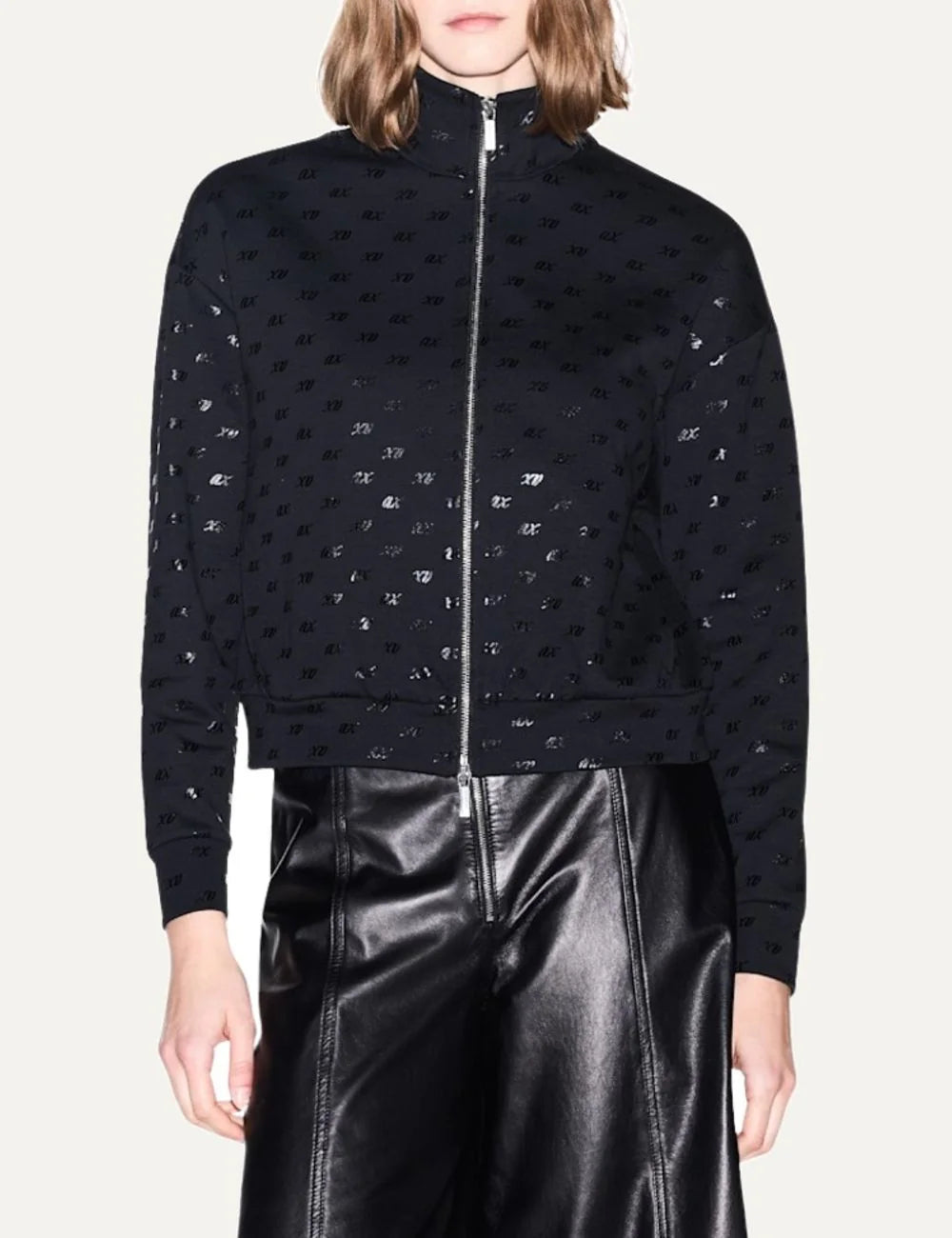 Armani Exchange women's black zip-up jacket with all-over tonal A|X logo pattern, stand collar and silver-tone zipper.