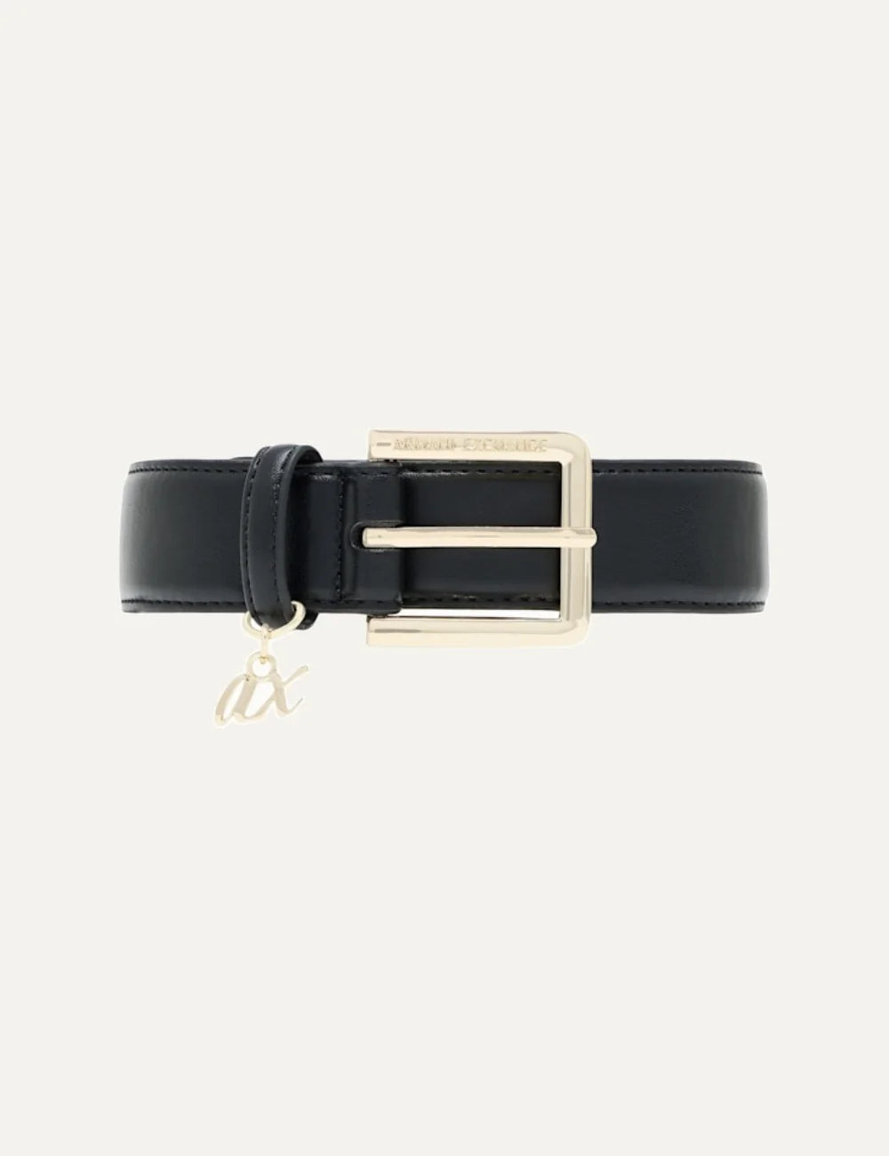 Women's Armani Exchange black belt with gold-tone metal buckle, engraved branding and A|X logo charm