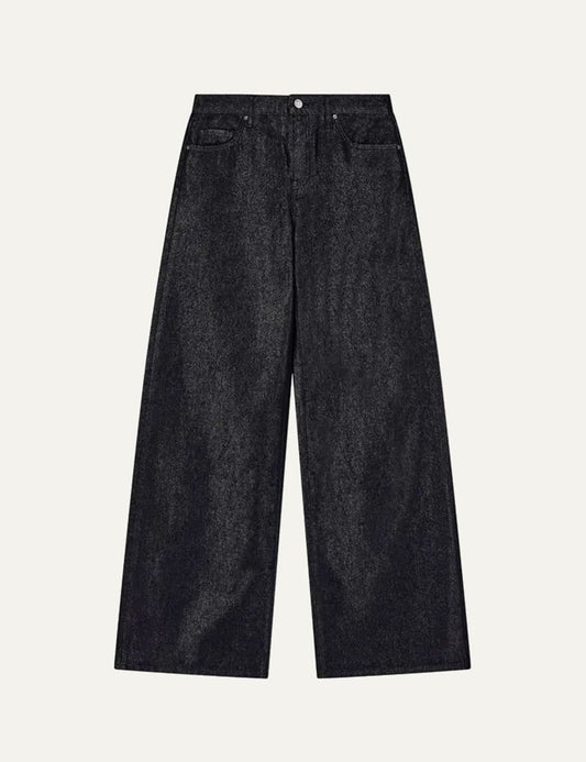 Armani Exchange women's black denim bootcut jeans with high waist, wide legs, five-pocket design and faded wash effect.