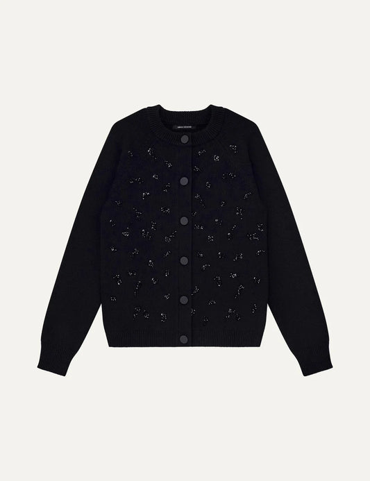 Armani Exchange women's black knitted cardigan with round neckline, front button fastening and embroidered embellishments.