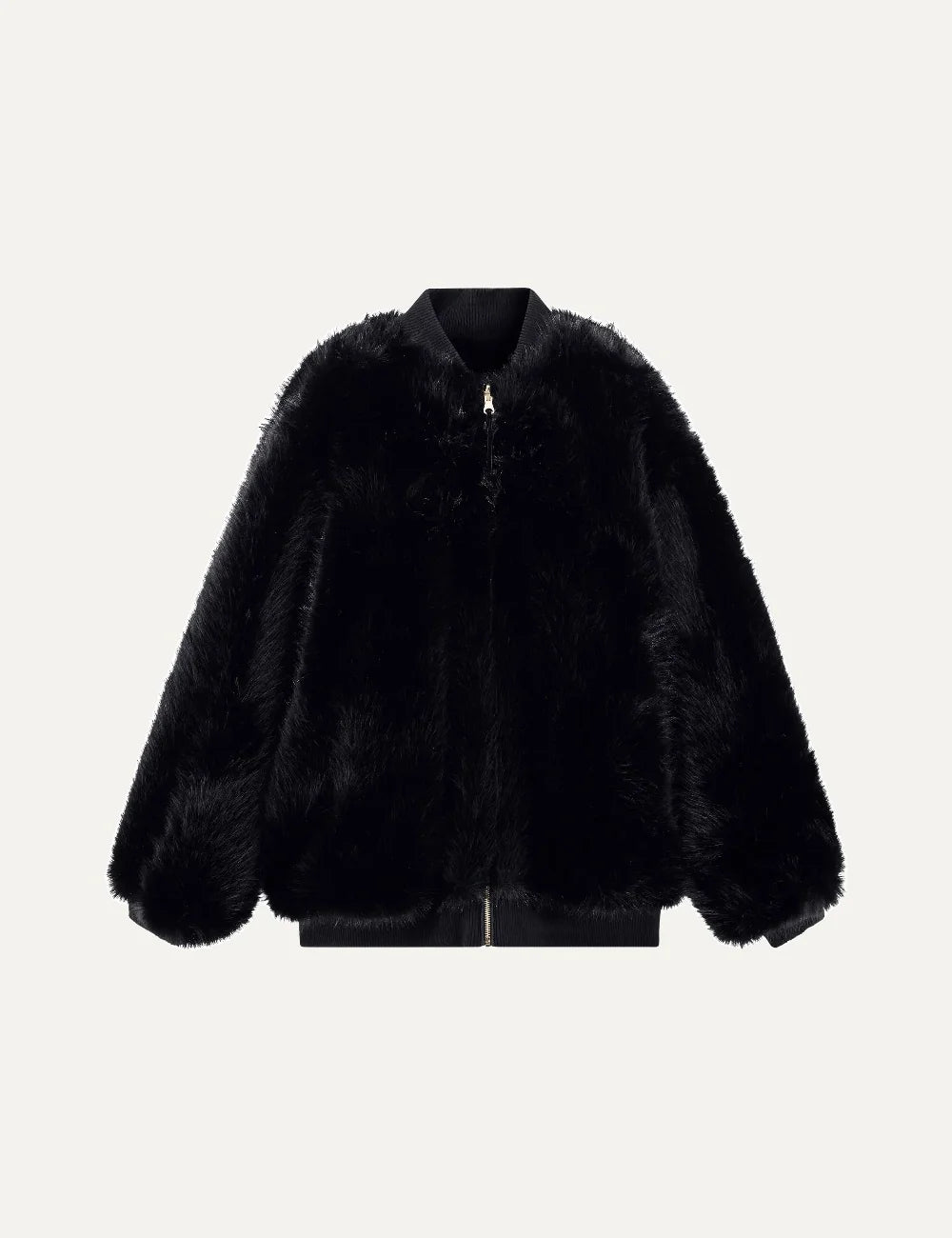 Women's Armani Exchange black faux fur bomber jacket with ribbed collar, long sleeves and front zip closure