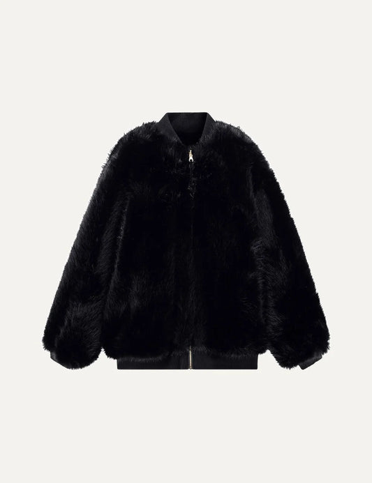 Women's Armani Exchange black faux fur bomber jacket with ribbed collar, long sleeves and front zip closure