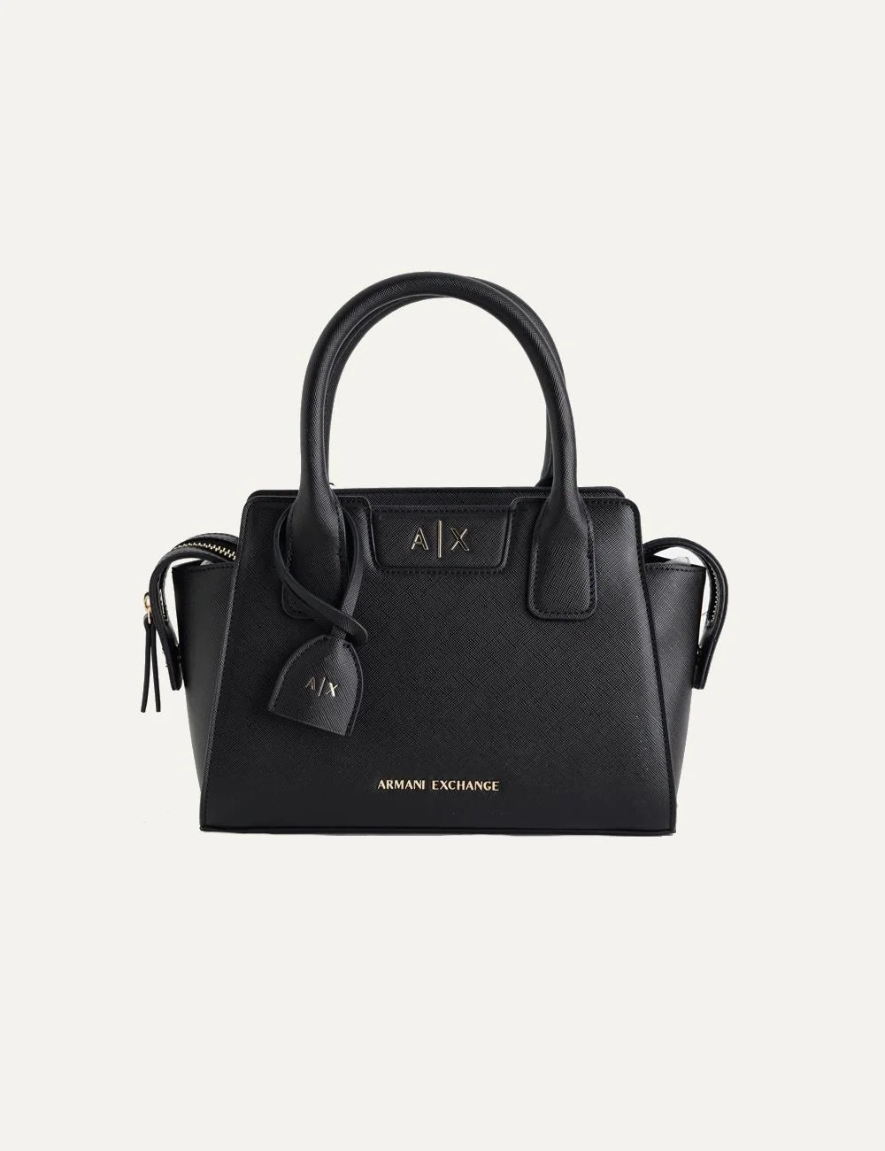 Armani Exchange women's black faux leather handbag with double top handles, detachable shoulder strap and gold-tone AX logo.