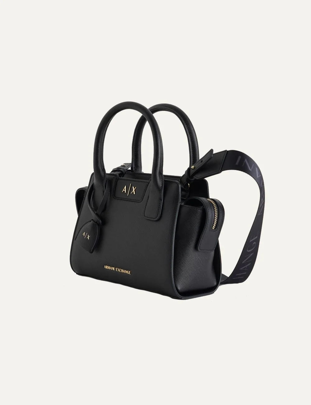 Armani Exchange women's black faux leather handbag with double top handles, detachable shoulder strap and gold-tone AX logo side