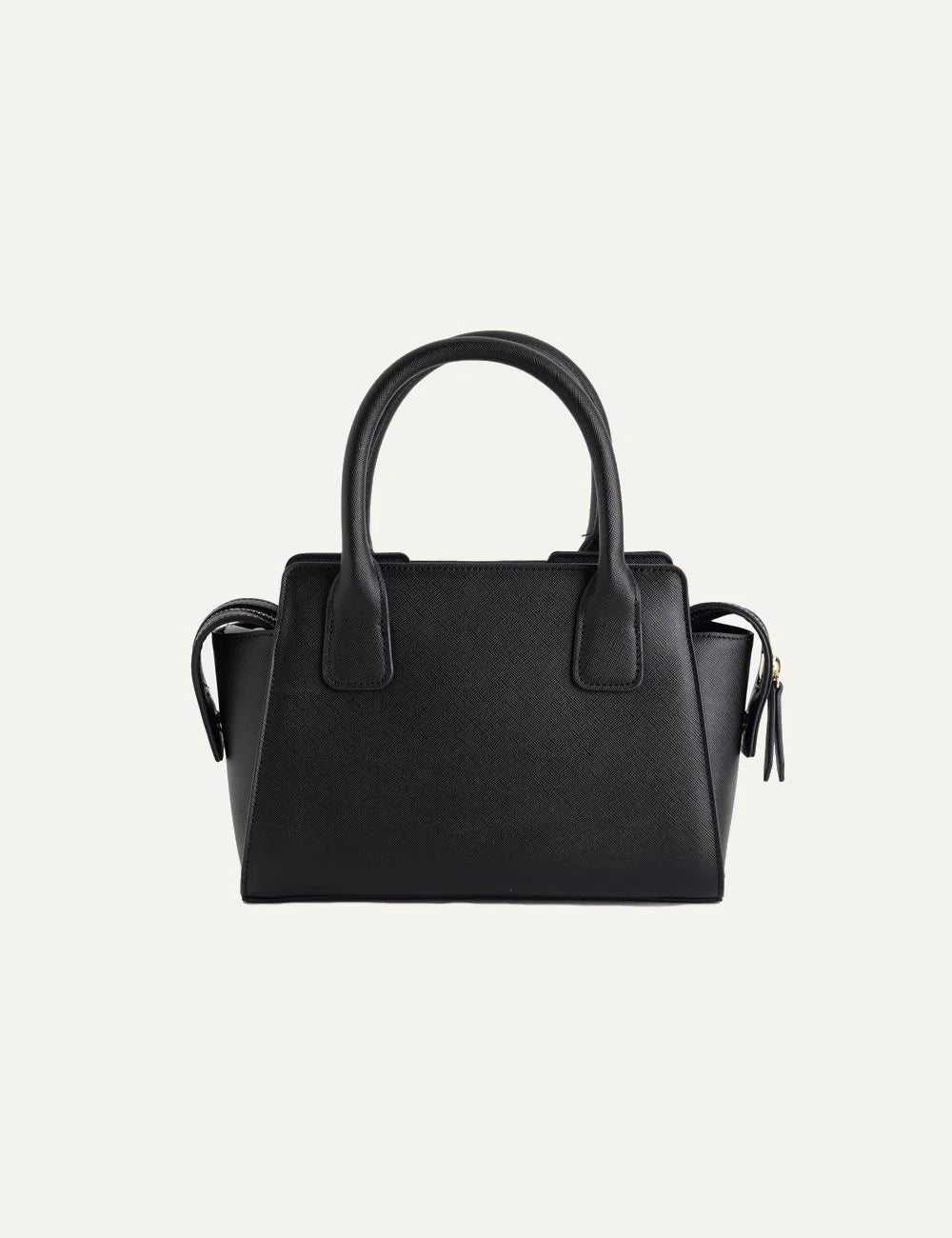 Armani Exchange women's black faux leather handbag with double top handles, detachable shoulder strap and gold-tone AX logo back