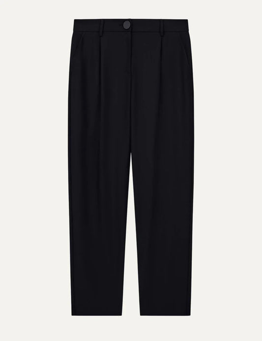 Women's Armani Exchange black high-waisted tailored trousers with front pleats, straight legs and side pockets