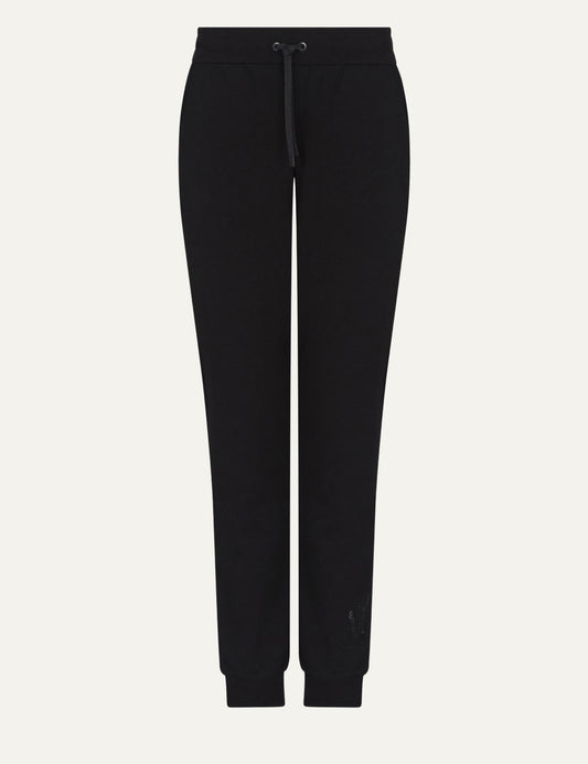 Armani Exchange women's black jogger sweatpants with drawstring waistband, side pockets, ribbed cuffs and subtle logo detail.