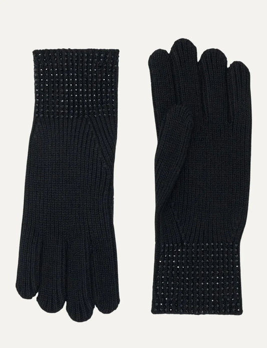 Women's Armani Exchange black knitted gloves with ribbed cuffs and rhinestone embellishments