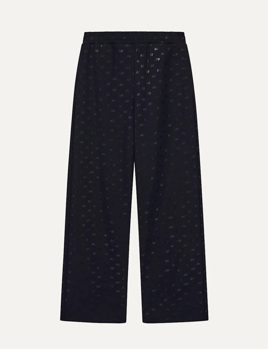 Armani Exchange women's black wide-leg cotton sweatpants with all-over tonal A|X logo print and elasticated waistband.