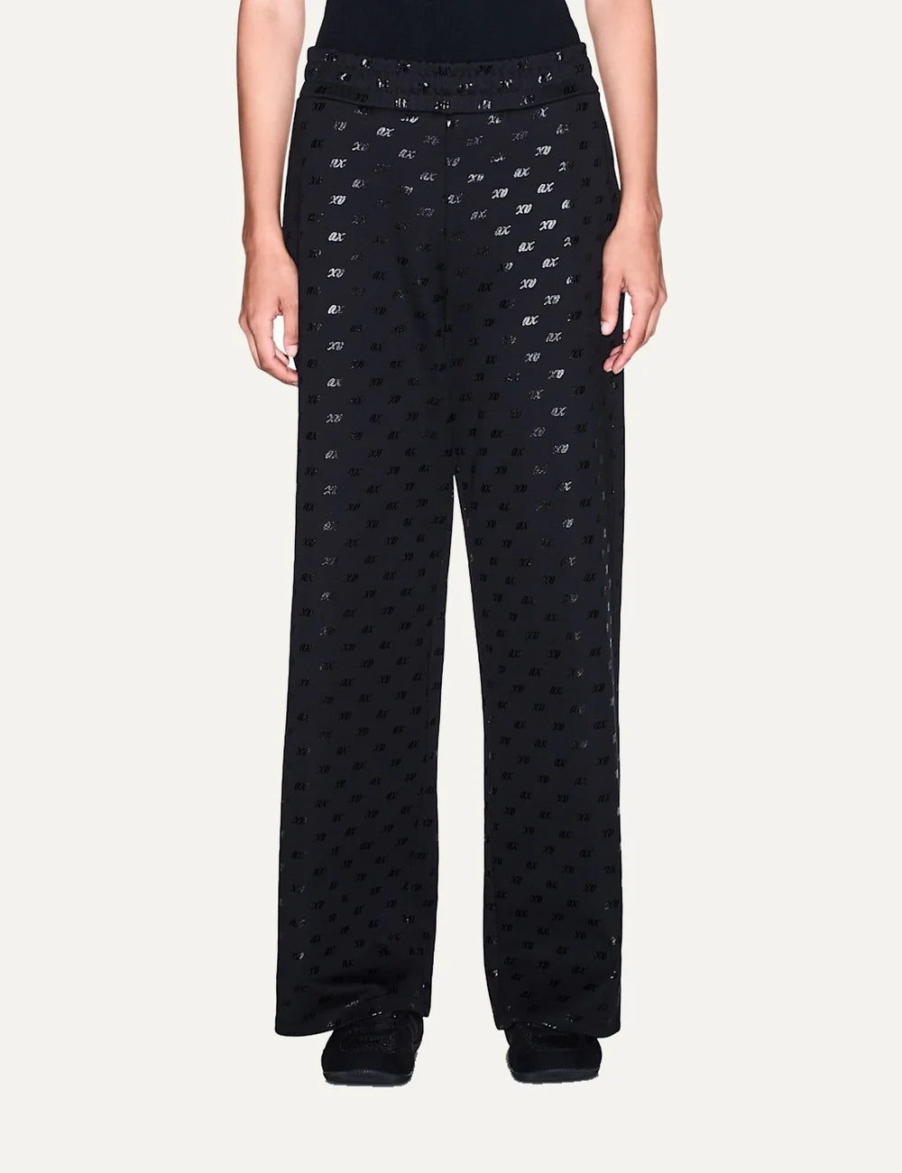 Armani Exchange women's black wide-leg cotton sweatpants with all-over tonal A|X logo print and elasticated waistband front