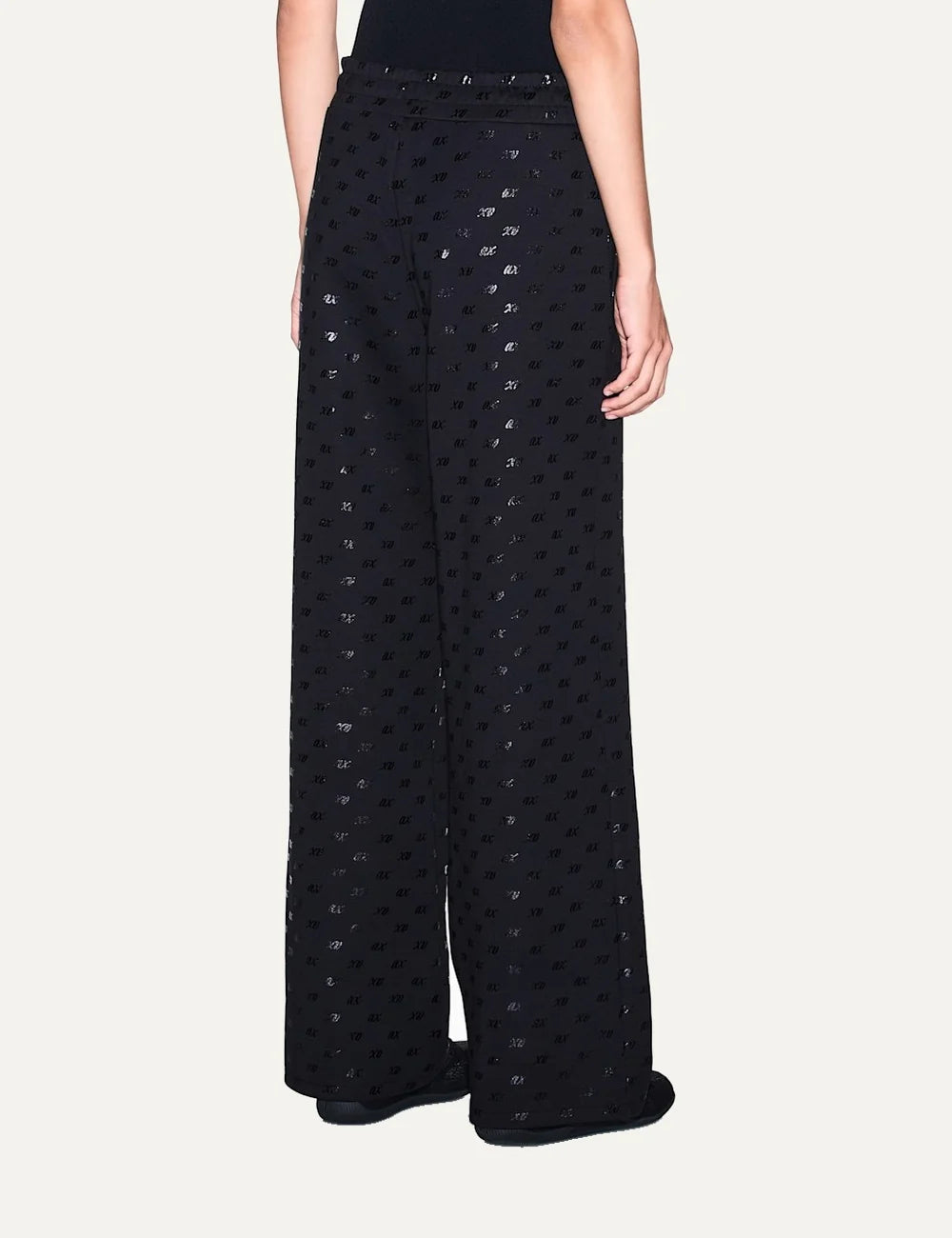Armani Exchange women's black wide-leg cotton sweatpants with all-over tonal A|X logo print and elasticated waistband back