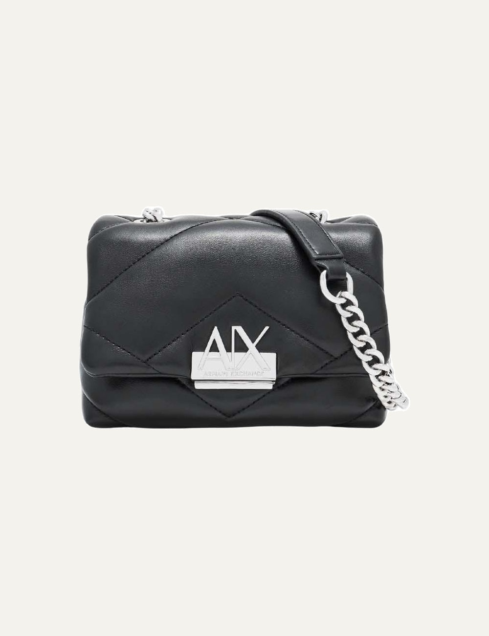 Armani Exchange women's black mini quilted crossbody bag with geometric stitching, silver-tone A|X logo and chain shoulder strap.