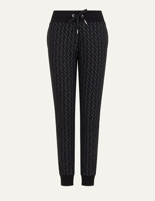 Armani Exchange women's black jogger pants with allover monogram pattern, elastic drawstring waist and ribbed cuffs.
