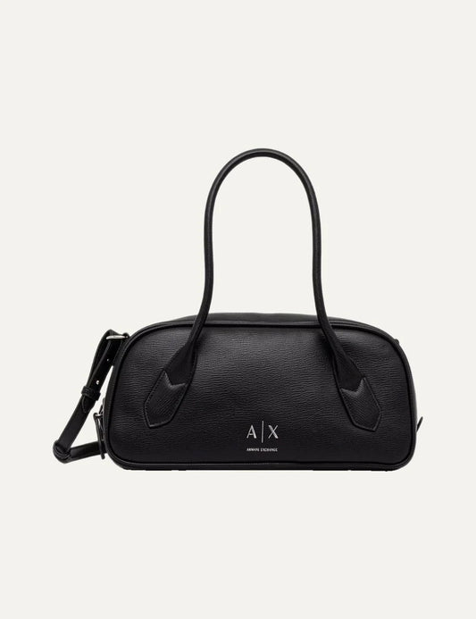 Women's Armani Exchange black pebbled shoulder bag with long top handles, detachable strap, silver-tone logo and zip closure