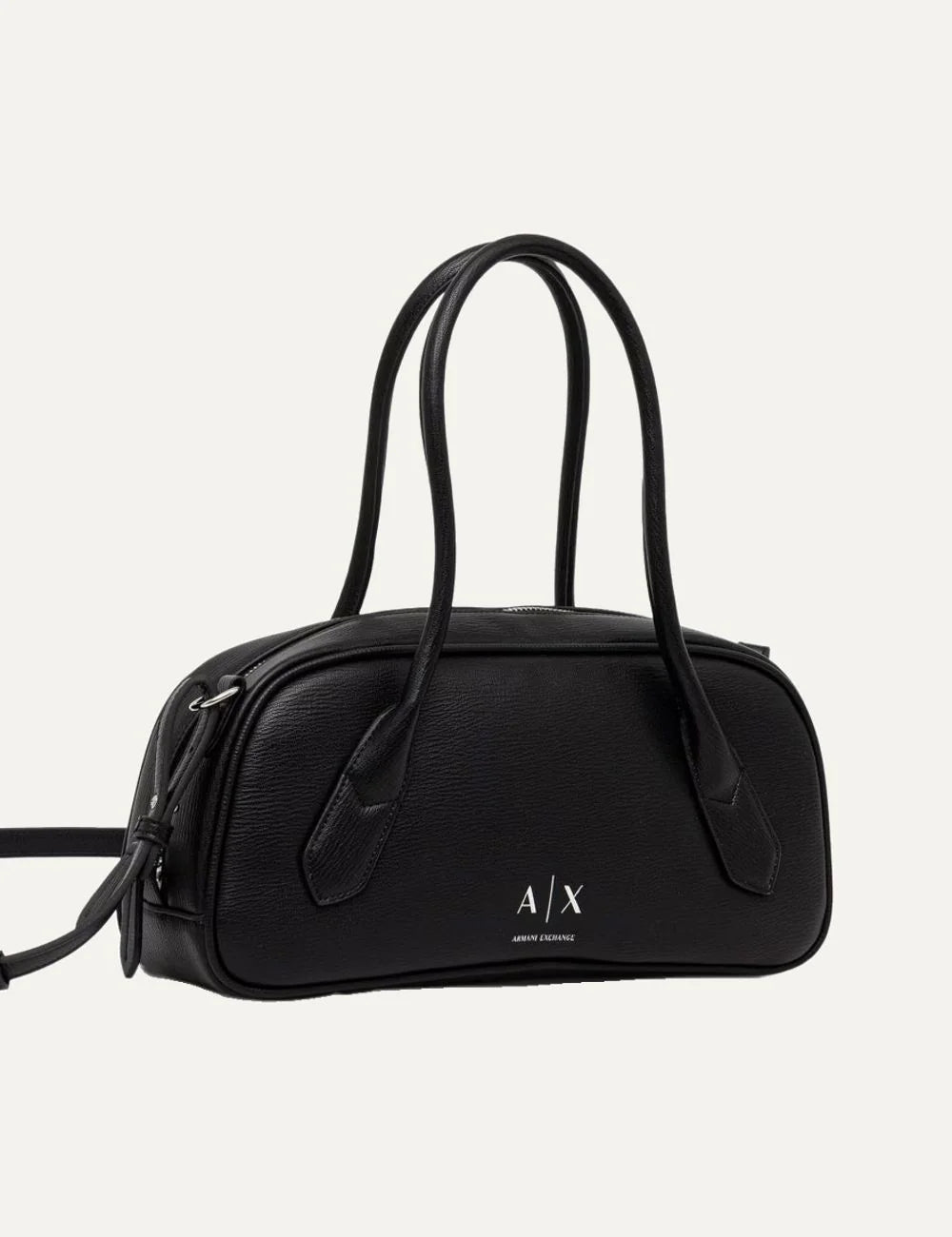 Women's Armani Exchange black pebbled shoulder bag with long top handles, detachable strap, silver-tone logo and zip closure side