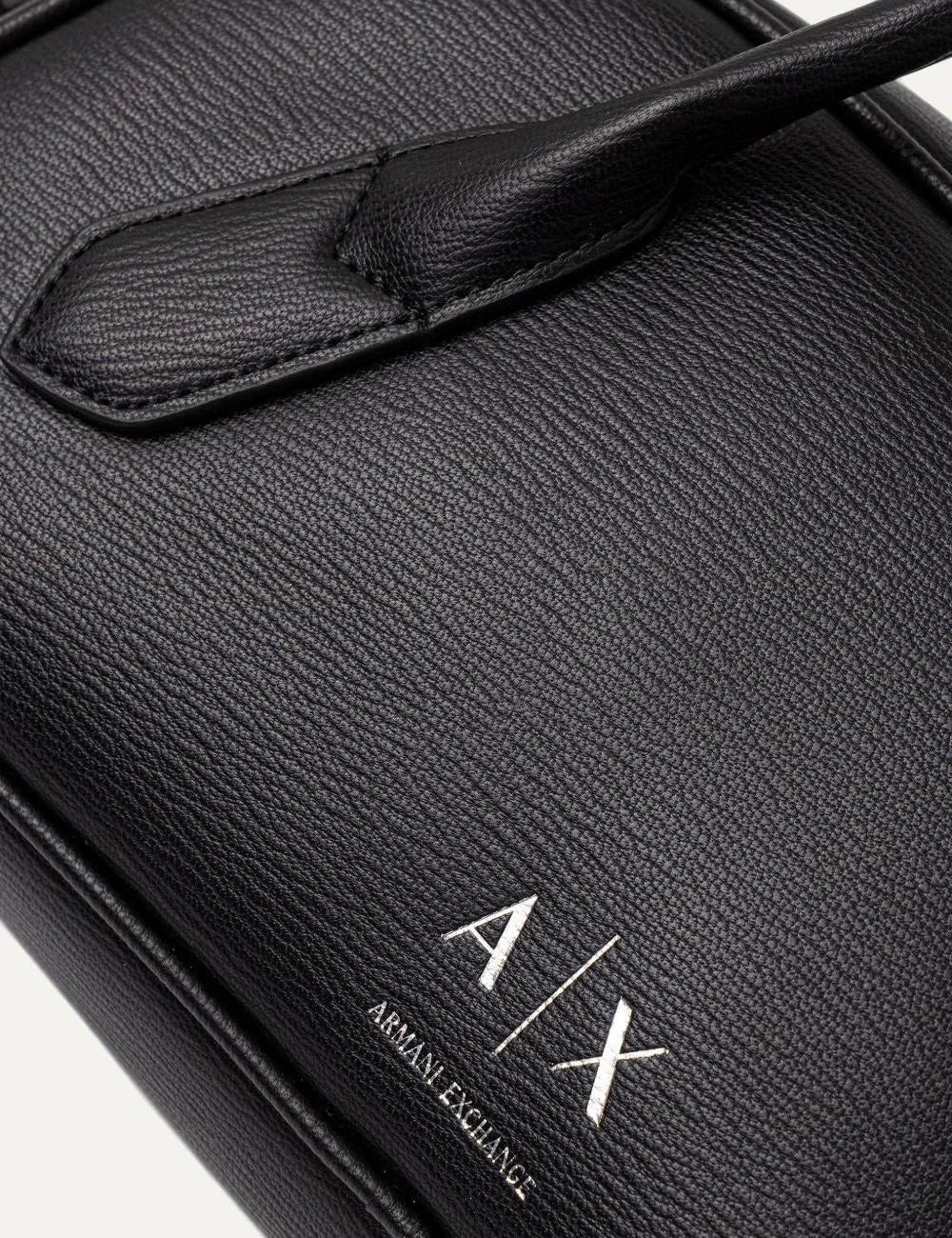 Women's Armani Exchange black pebbled shoulder bag with long top handles, detachable strap, silver-tone logo and zip closure top