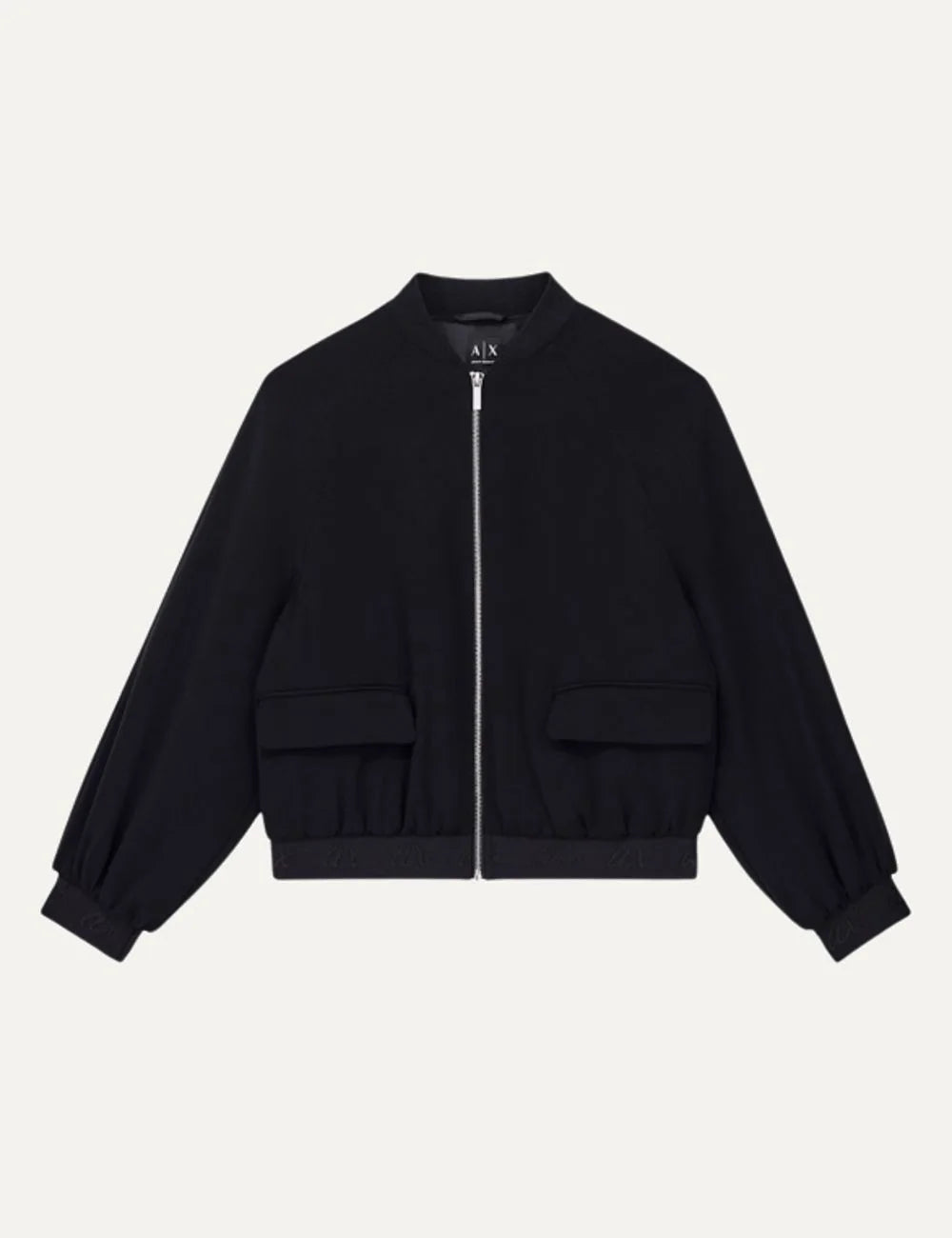 Women's Armani Exchange black polyester bomber jacket with zip closure, flap pockets and tonal logo elastic trims