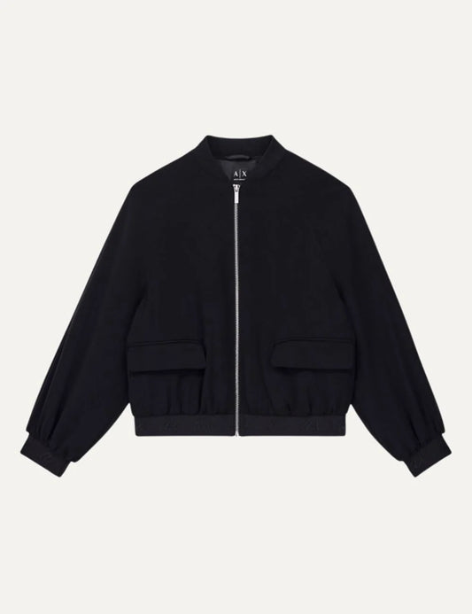 Women's Armani Exchange black polyester bomber jacket with zip closure, flap pockets and tonal logo elastic trims