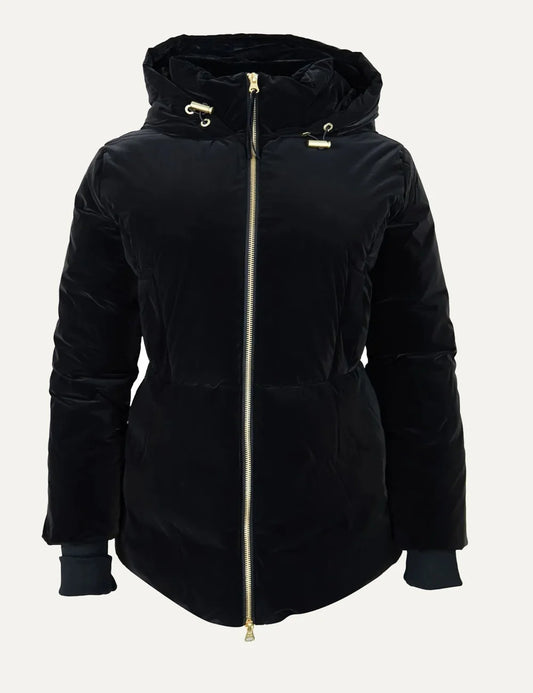 Women's Armani Exchange black quilted nylon jacket with hood, drawstring waist, long sleeves and gold-tone zip closure