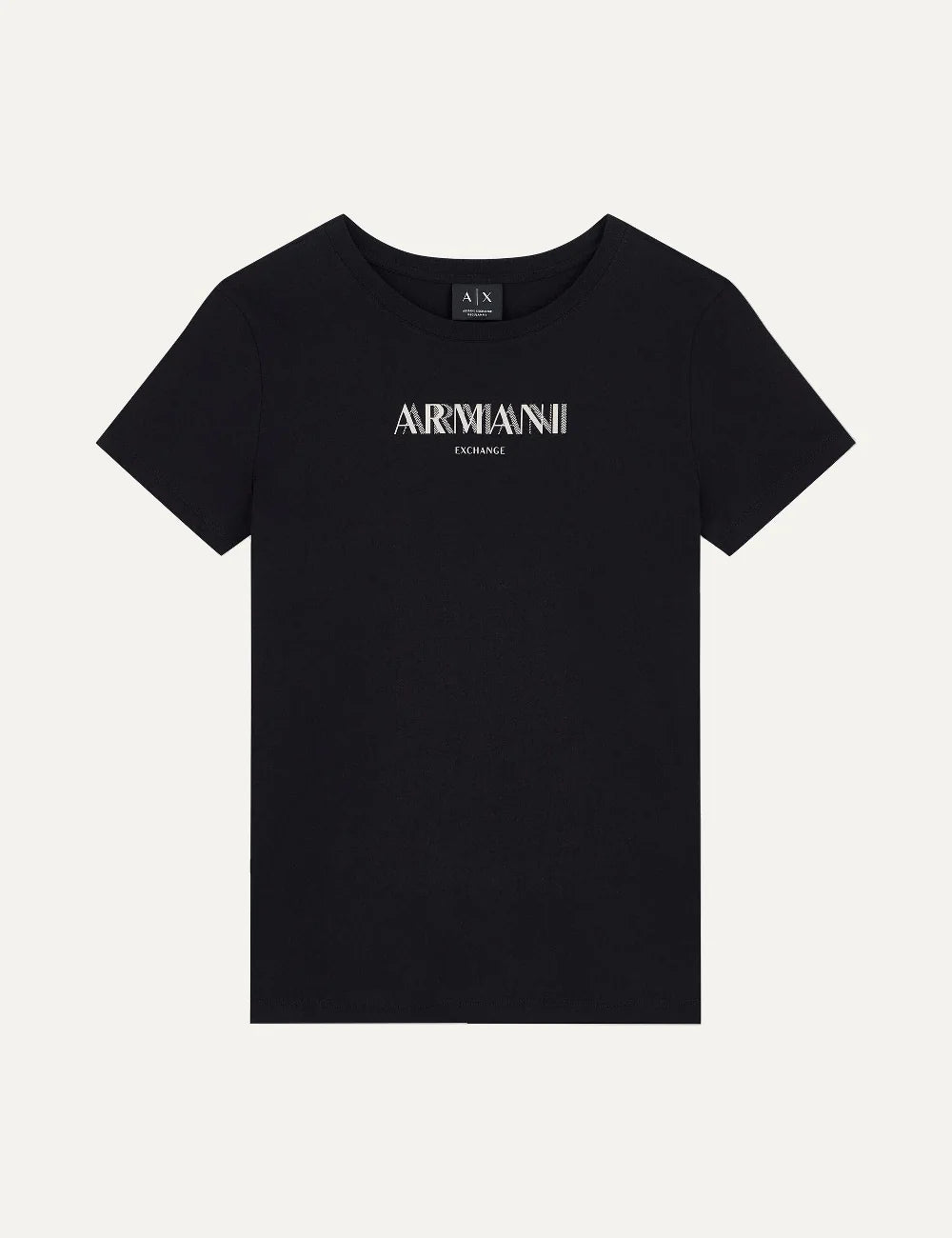 Armani Exchange women's black regular-fit T-shirt with round neckline, short sleeves and white front logo.