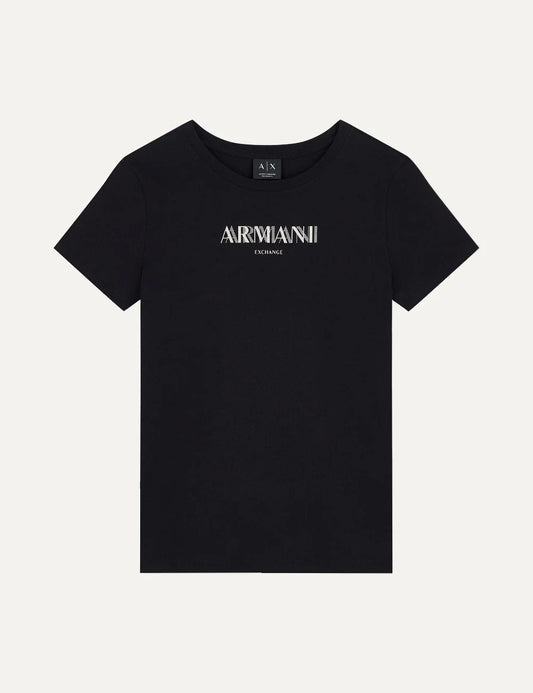 Armani Exchange women's black regular-fit T-shirt with round neckline, short sleeves and white front logo.